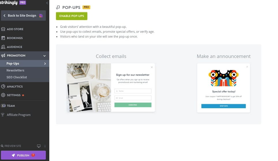 null adding pop-ups for marketing collateral on Strikingly website